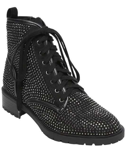 Madden Girl Kirra Rhinestone Combat Boots|Black|Size: 7.5