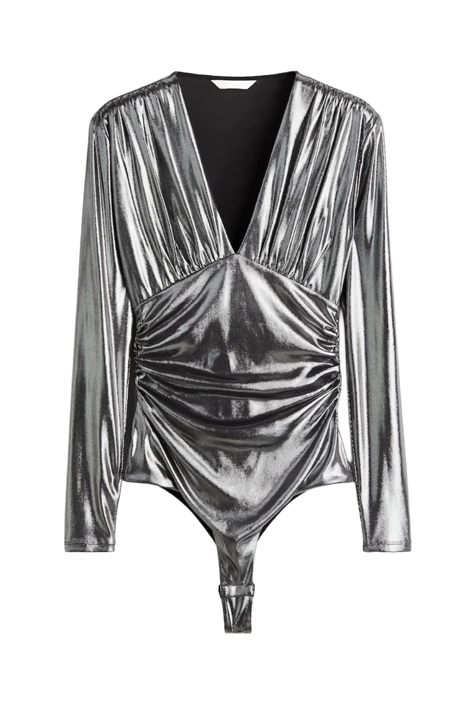 DRAPED V-NECK THONG BODYSUIT|Silver Colored|Size:XL