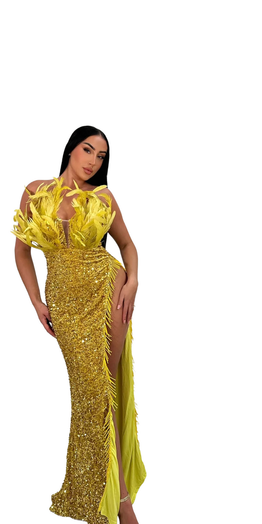 Angelina Feather Sequin Maxi Dress, Color: Chartreuse, Size: XXL